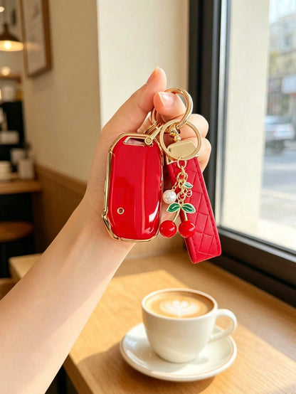 Creative Cherry + Wrist Strap Kia Key Cover Compatible With Kia Ceed Cerato Forte NIRO Seltos Sorento Soul Sportage Telluride K5 Key Fob Cover: Smart 5-Button Key Shell Suitable For Kia Smart Key Case