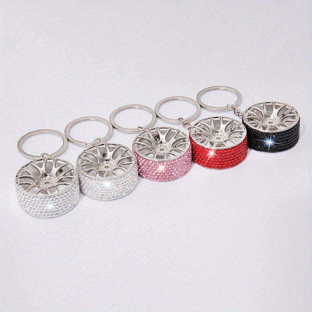 Creative Diamond Decor Car Keychain, Sparkling Diamond Tire Keychain, Mini Crystal Wheel Hub Keychain, Suitable For Men And Women, Universal Style