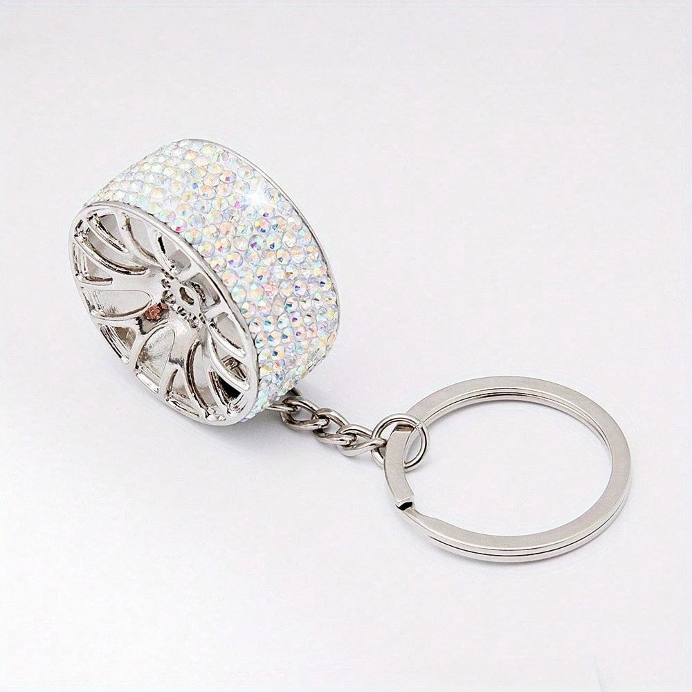 Creative Diamond Decor Car Keychain, Sparkling Diamond Tire Keychain, Mini Crystal Wheel Hub Keychain, Suitable For Men And Women, Universal Style