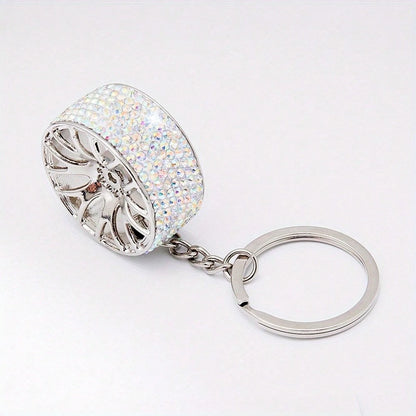 Creative Diamond Decor Car Keychain, Sparkling Diamond Tire Keychain, Mini Crystal Wheel Hub Keychain, Suitable For Men And Women, Universal Style