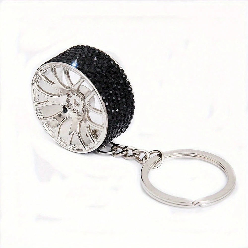 Creative Diamond Decor Car Keychain, Sparkling Diamond Tire Keychain, Mini Crystal Wheel Hub Keychain, Suitable For Men And Women, Universal Style