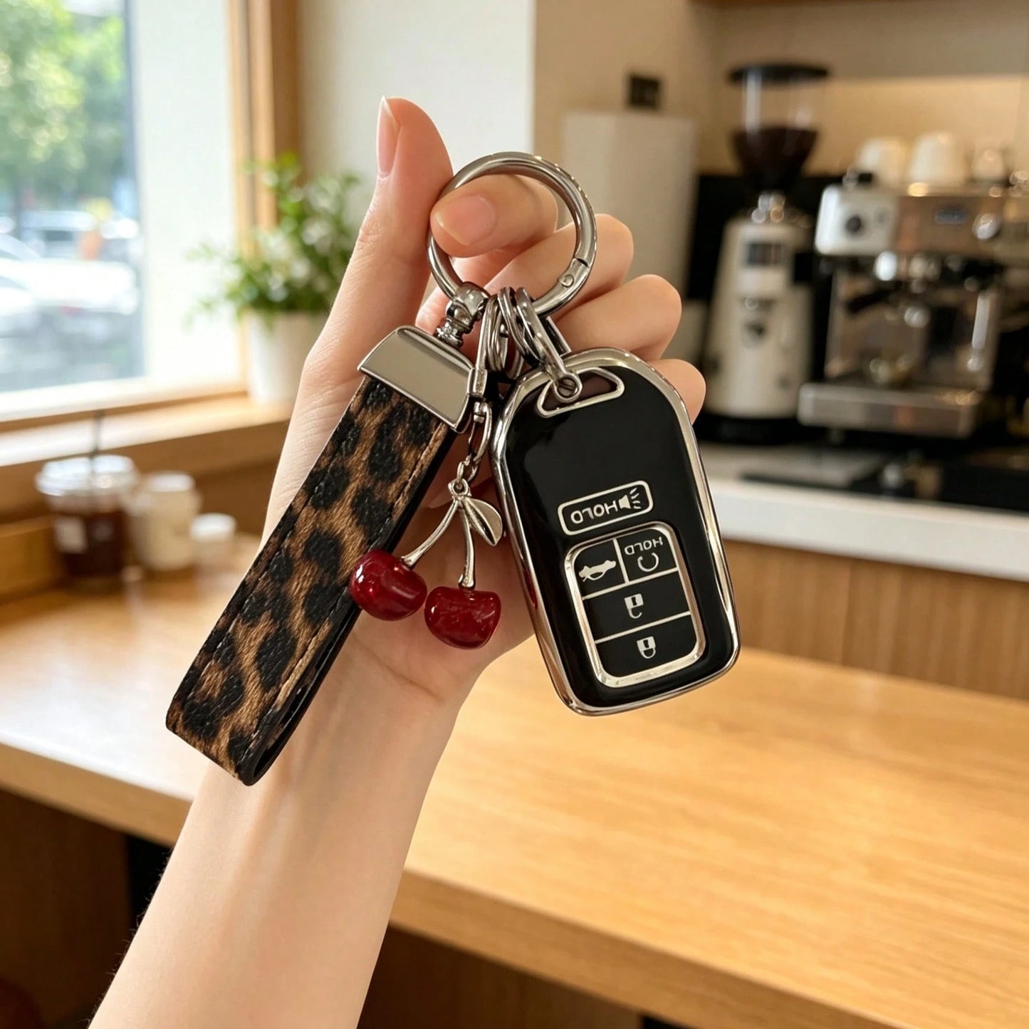 Creative Leopard Print Car Key Cover, Cute Cherry Design, Compatible With Honda CRV Accord Car Key Case Protective Shell