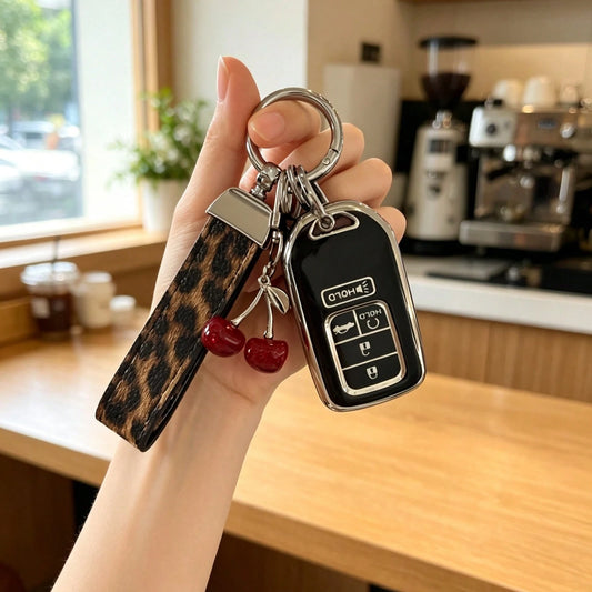 Creative Leopard Print Car Key Cover, Cute Cherry Design, Compatible With Honda CRV Accord Car Key Case Protective Shell