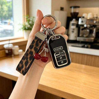 Creative Leopard Print Car Key Cover, Cute Cherry Design, Compatible With Honda CRV Accord Car Key Case Protective Shell