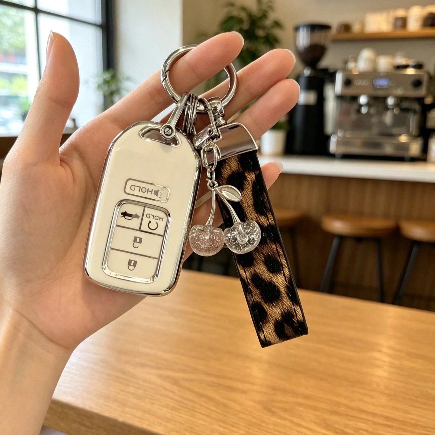 Creative Leopard Print Car Key Cover, Cute Cherry Design, Compatible With Honda CRV Accord Car Key Case Protective Shell