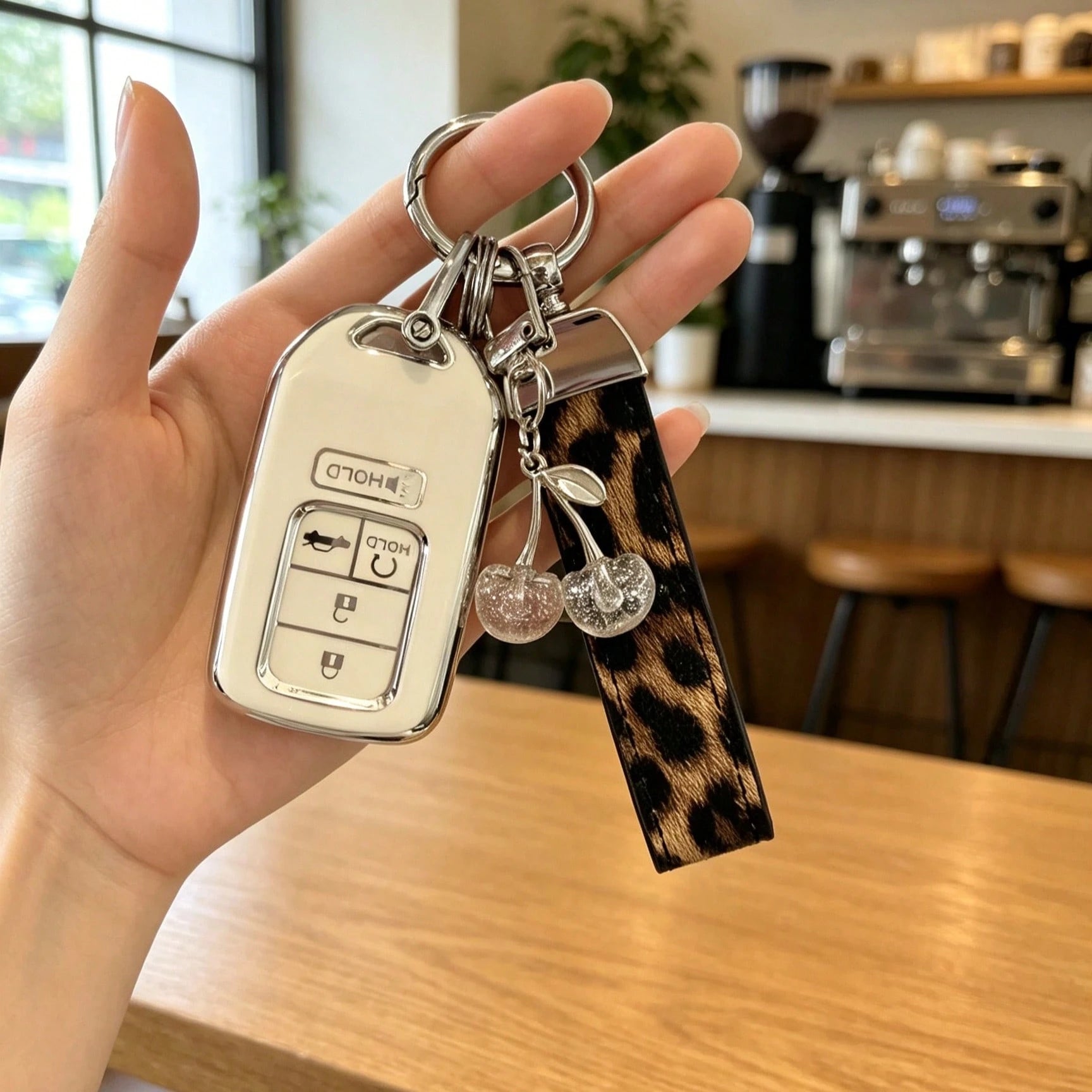 Creative Leopard Print Car Key Cover, Cute Cherry Design, Compatible With Honda CRV Accord Car Key Case Protective Shell