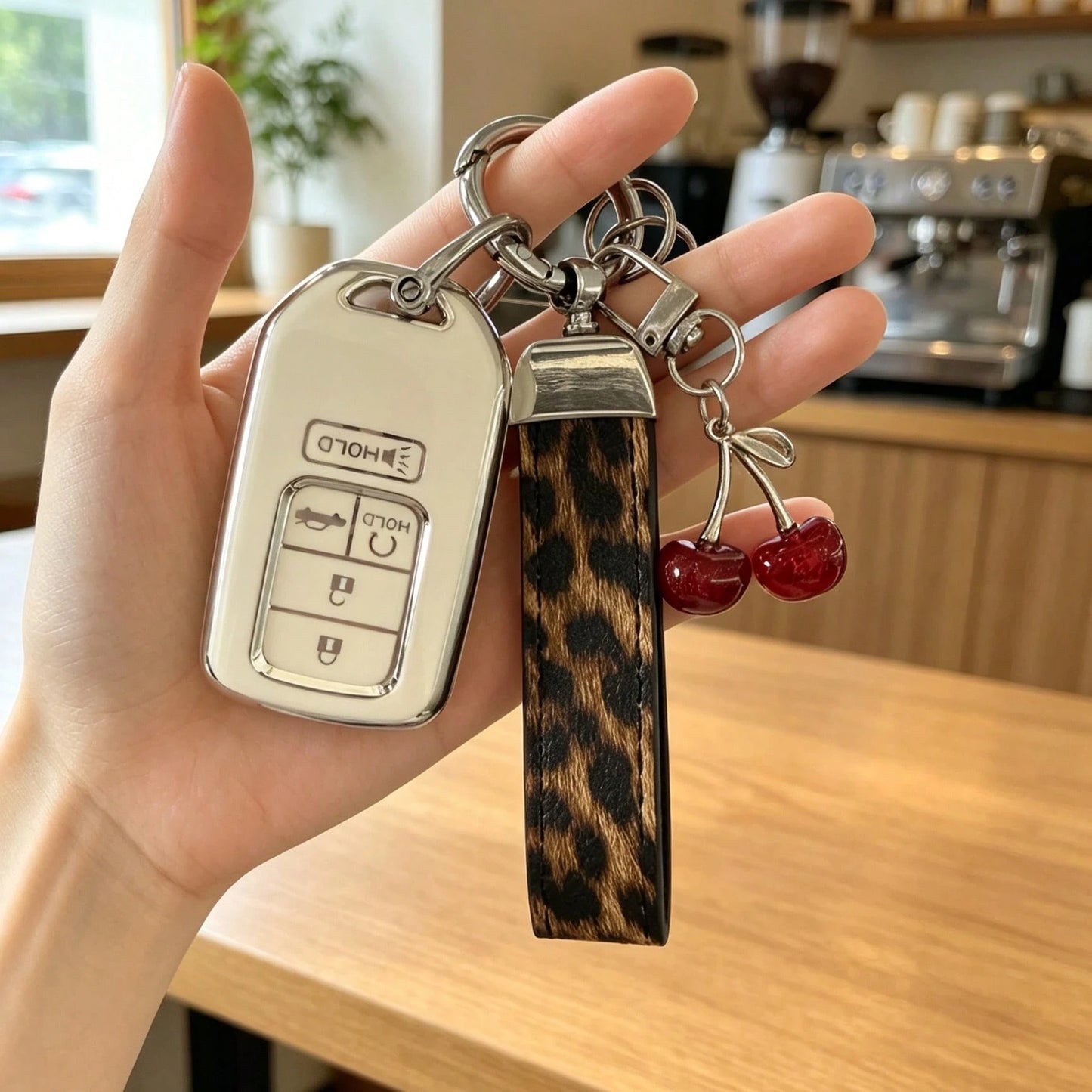 Creative Leopard Print Car Key Cover, Cute Cherry Design, Compatible With Honda CRV Accord Car Key Case Protective Shell