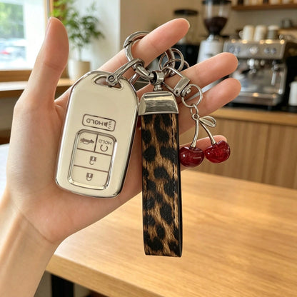 Creative Leopard Print Car Key Cover, Cute Cherry Design, Compatible With Honda CRV Accord Car Key Case Protective Shell