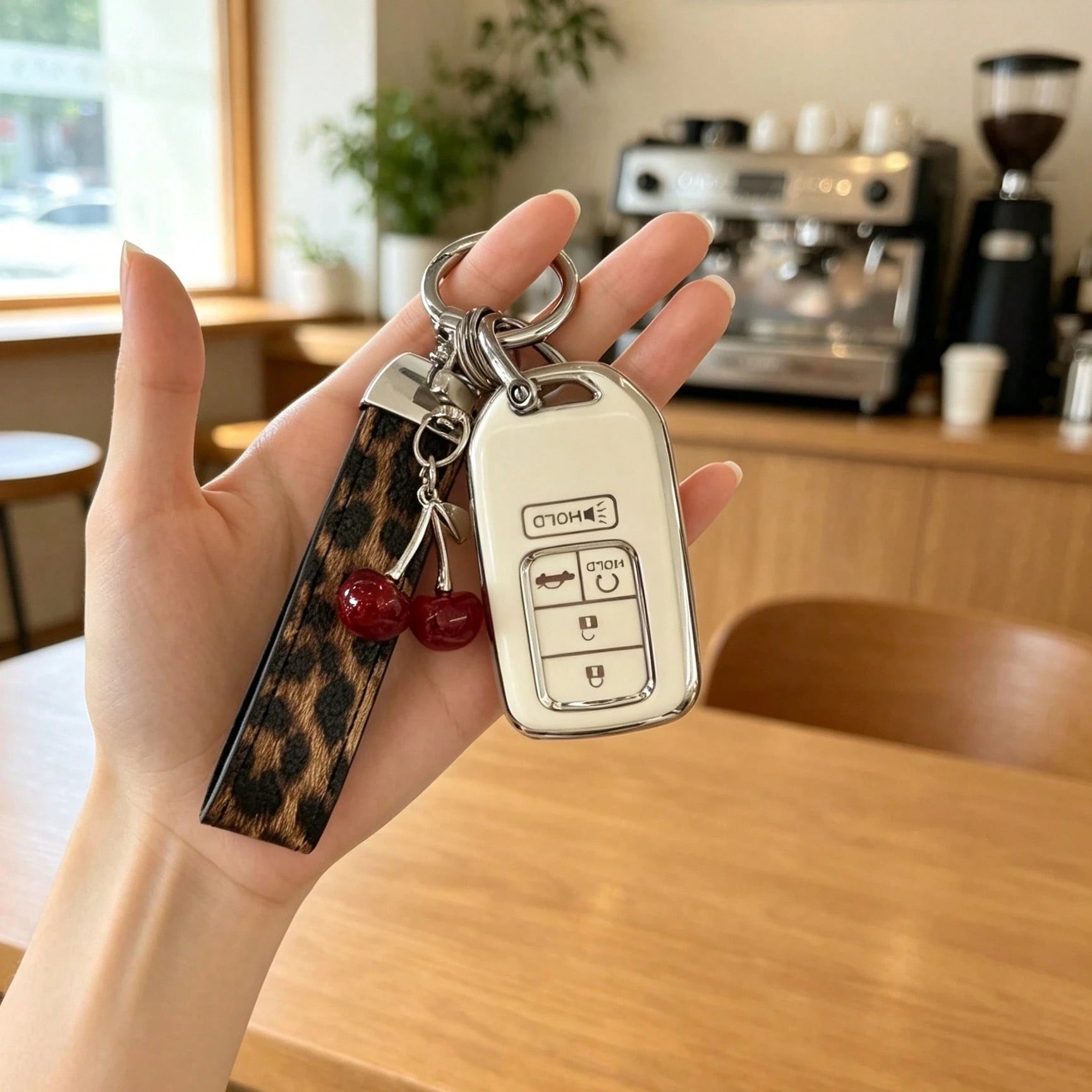 Creative Leopard Print Car Key Cover, Cute Cherry Design, Compatible With Honda CRV Accord Car Key Case Protective Shell