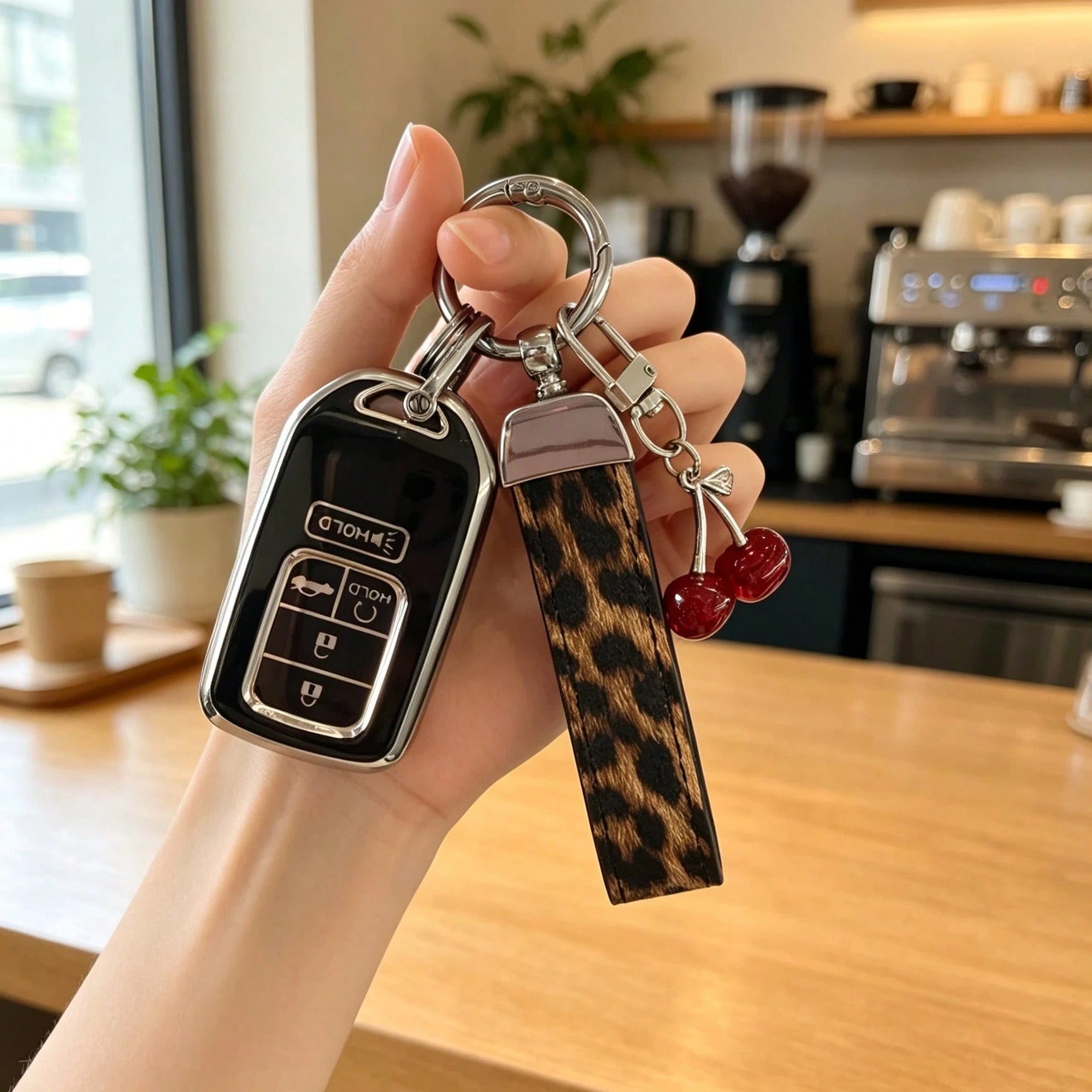 Creative Leopard Print Car Key Cover, Cute Cherry Design, Compatible With Honda CRV Accord Car Key Case Protective Shell