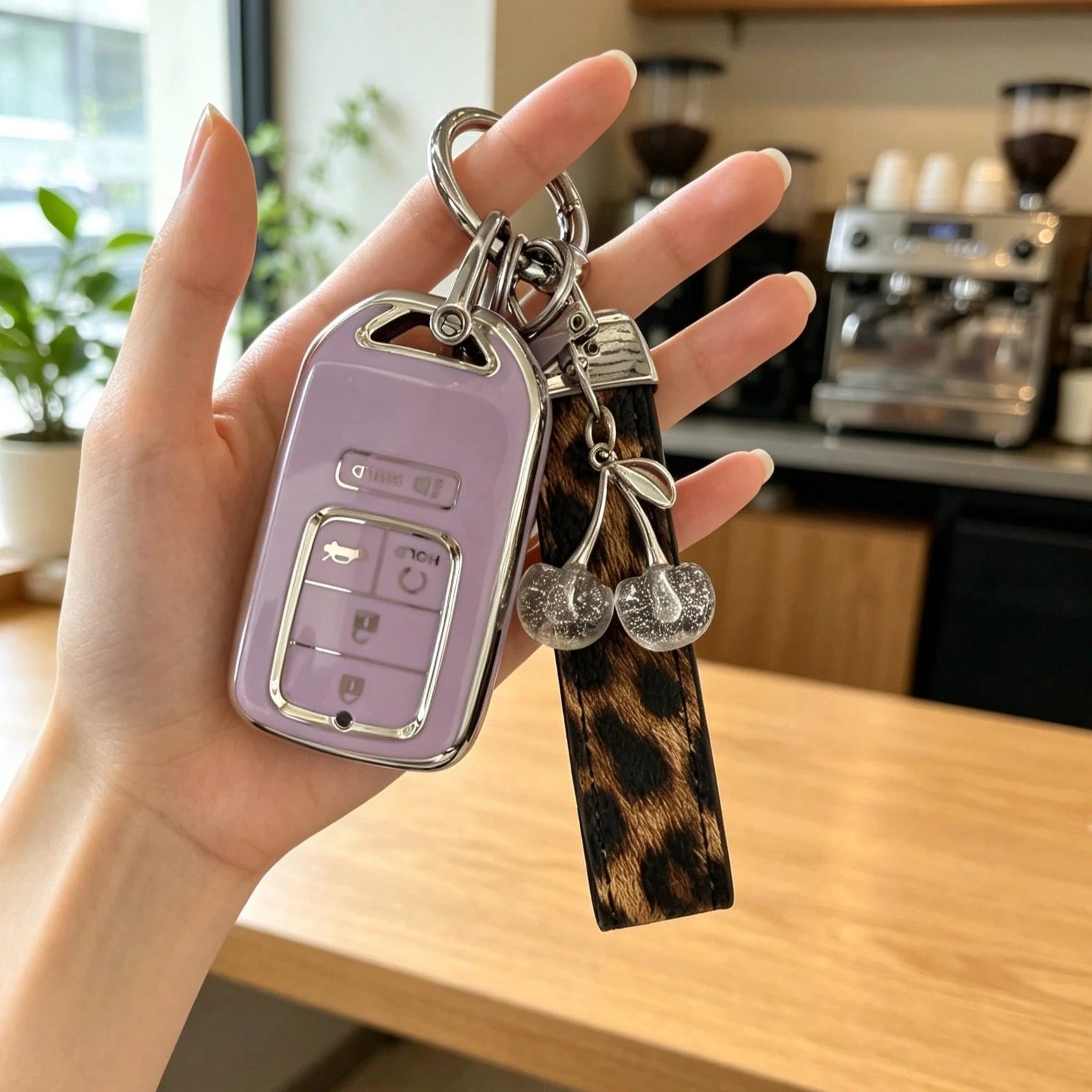Creative Leopard Print Car Key Cover, Cute Cherry Design, Compatible With Honda CRV Accord Car Key Case Protective Shell