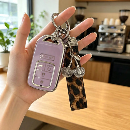 Creative Leopard Print Car Key Cover, Cute Cherry Design, Compatible With Honda CRV Accord Car Key Case Protective Shell