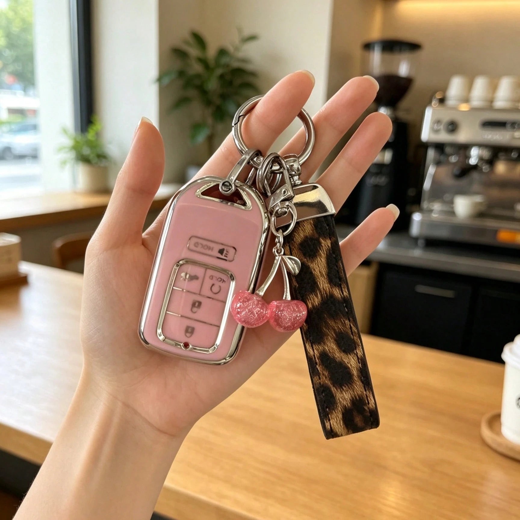 Creative Leopard Print Car Key Cover, Cute Cherry Design, Compatible With Honda CRV Accord Car Key Case Protective Shell