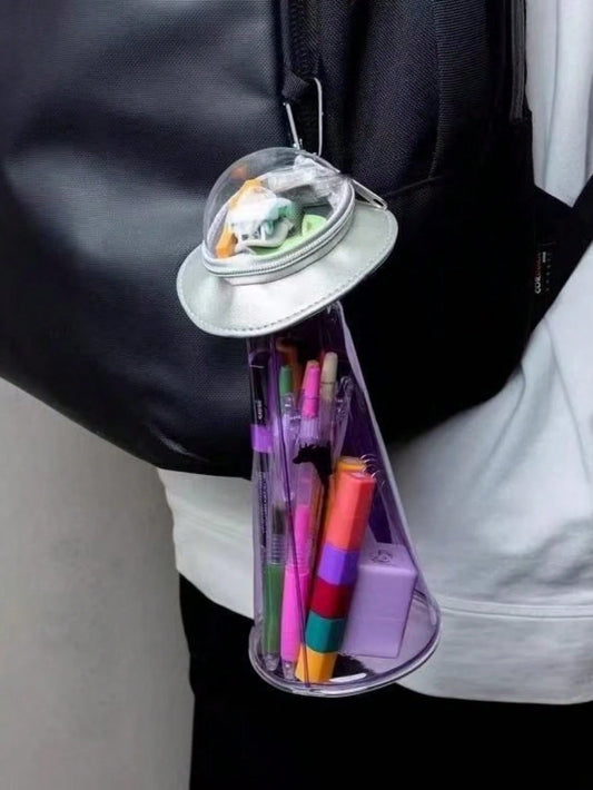 Creative UFO Shaped Storage Pen Case With Transparent Green Alien Decor, Multi-Use Desktop Stationery Box & Backpack Accessory, Hooks Not Included