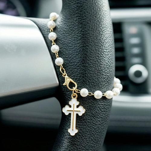Cross Steering Wheel Decor, Minimalist & Cute Design, Pearl Car Pendant Fashionable Hanging Decoration