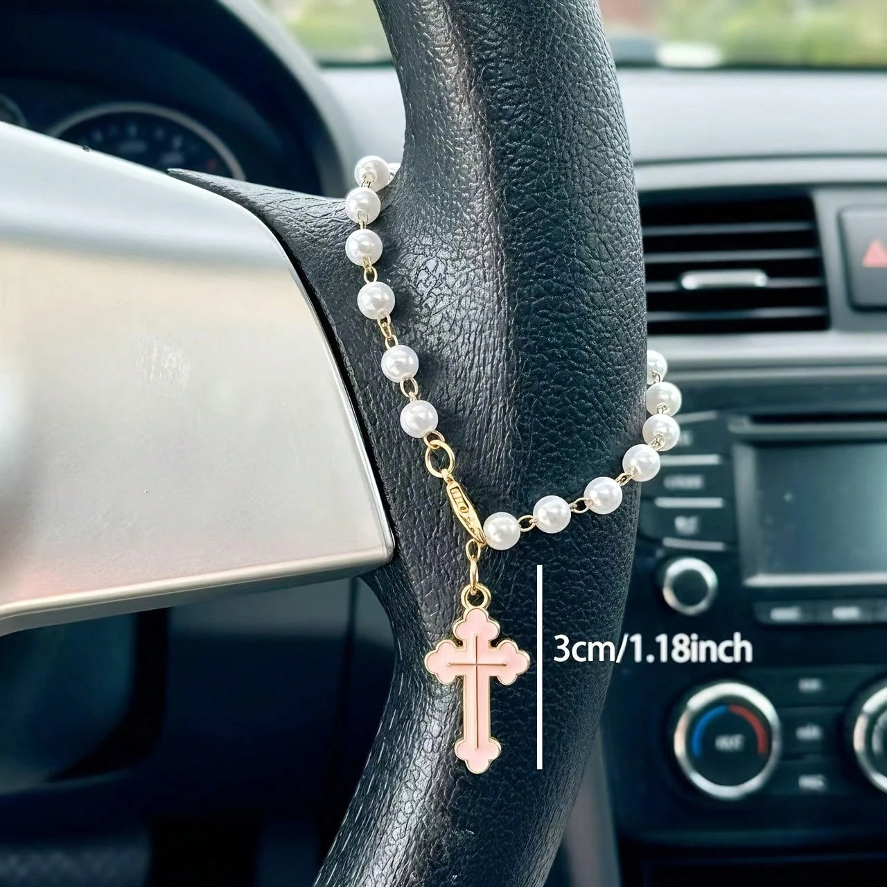 Cross Steering Wheel Decor, Minimalist & Cute Design, Pearl Car Pendant Fashionable Hanging Decoration