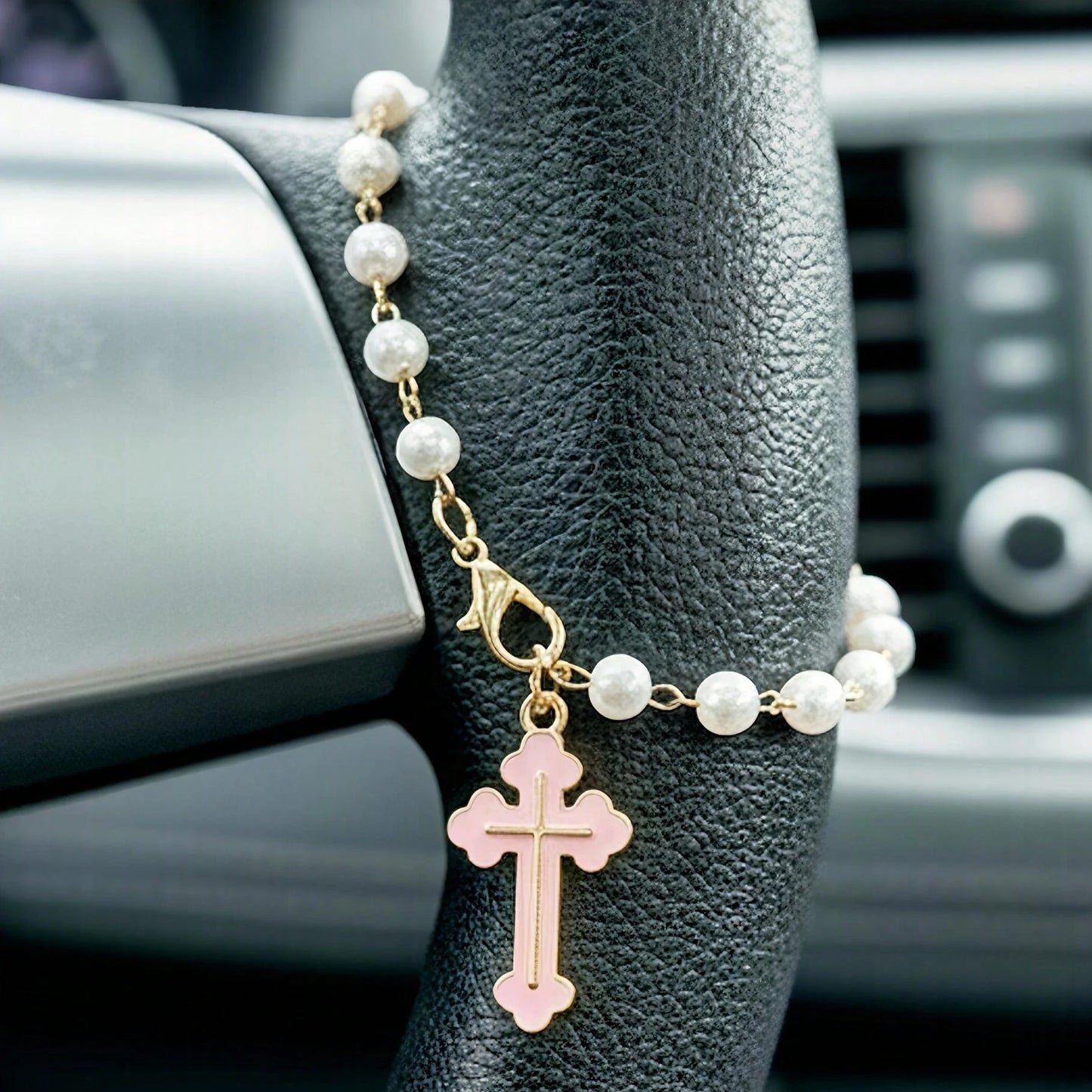 Cross Steering Wheel Decor, Minimalist & Cute Design, Pearl Car Pendant Fashionable Hanging Decoration