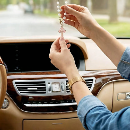 Cross Steering Wheel Decor, Minimalist & Cute Design, Pearl Car Pendant Fashionable Hanging Decoration