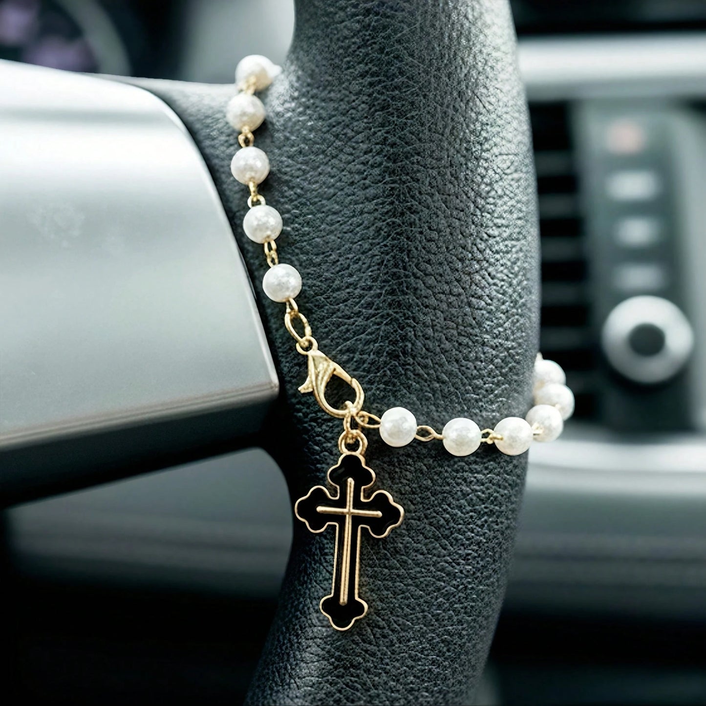 Cross Steering Wheel Decor, Minimalist & Cute Design, Pearl Car Pendant Fashionable Hanging Decoration