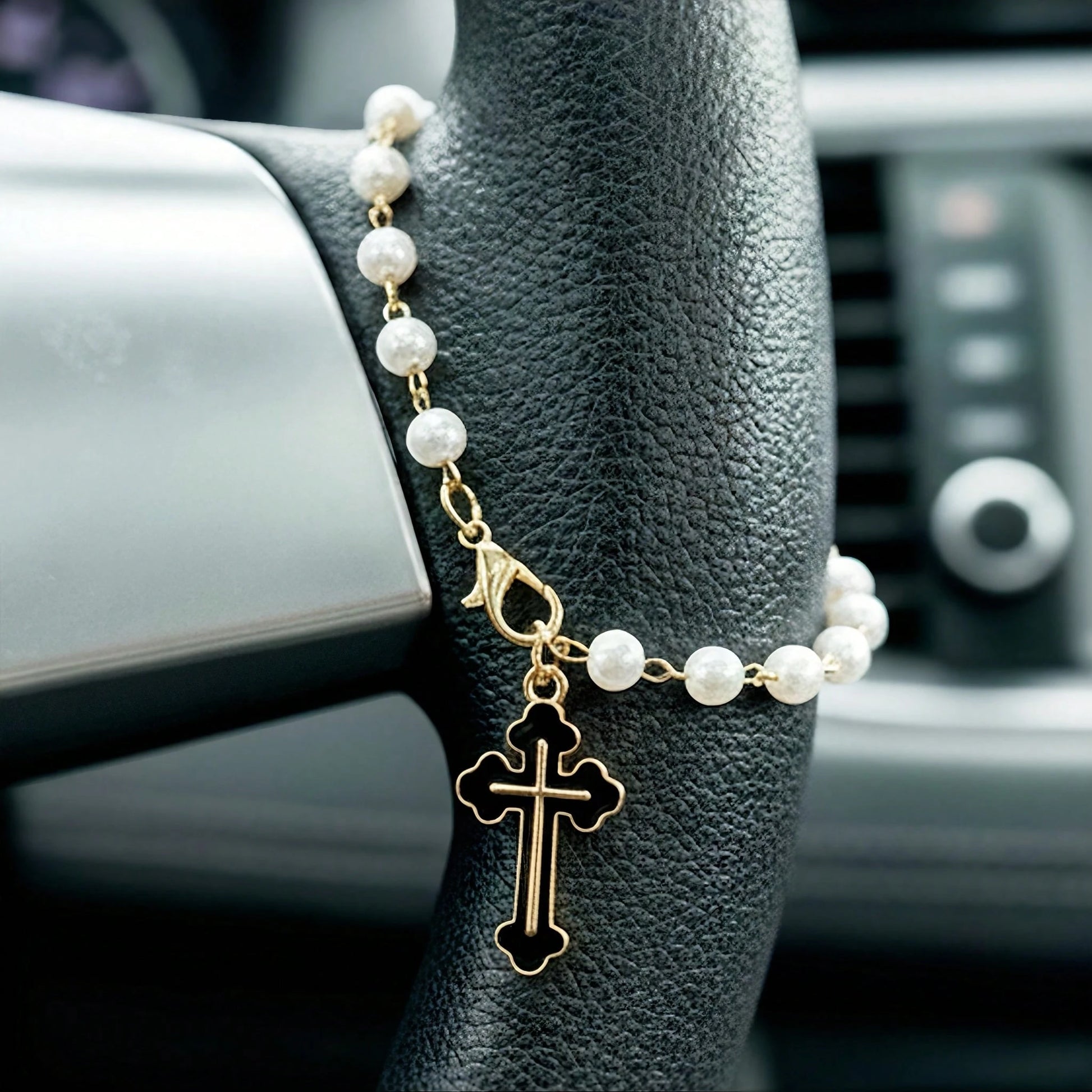 Cross Steering Wheel Decor, Minimalist & Cute Design, Pearl Car Pendant Fashionable Hanging Decoration