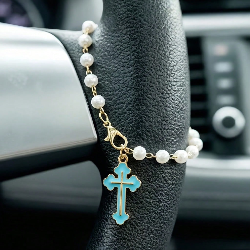 Cross Steering Wheel Decor, Minimalist & Cute Design, Pearl Car Pendant Fashionable Hanging Decoration