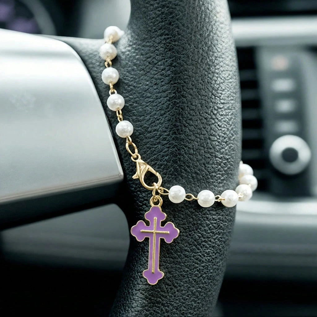 Cross Steering Wheel Decor, Minimalist & Cute Design, Pearl Car Pendant Fashionable Hanging Decoration