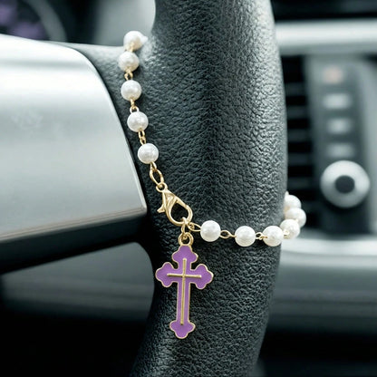 Cross Steering Wheel Decor, Minimalist & Cute Design, Pearl Car Pendant Fashionable Hanging Decoration