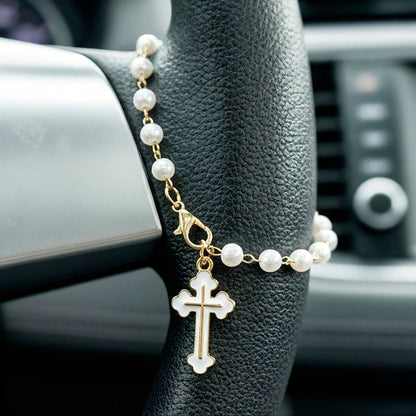 Cross Steering Wheel Decor, Minimalist & Cute Design, Pearl Car Pendant Fashionable Hanging Decoration