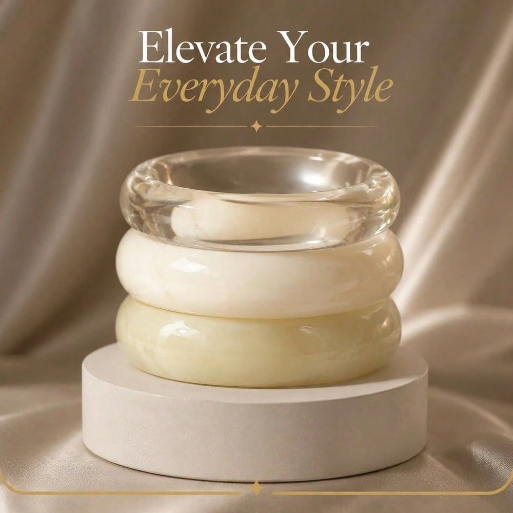 Crystal Clear And Creamy Off White Stackable Chunky Bangle Bracelet Set Minimalist Chic Modern Aesthetic Fashion Jewelry For Women