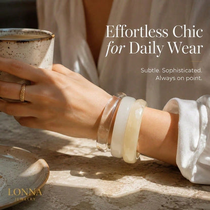 Crystal Clear And Creamy Off White Stackable Chunky Bangle Bracelet Set Minimalist Chic Modern Aesthetic Fashion Jewelry For Women