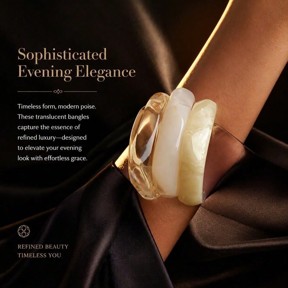 Crystal Clear And Creamy Off White Stackable Chunky Bangle Bracelet Set Minimalist Chic Modern Aesthetic Fashion Jewelry For Women
