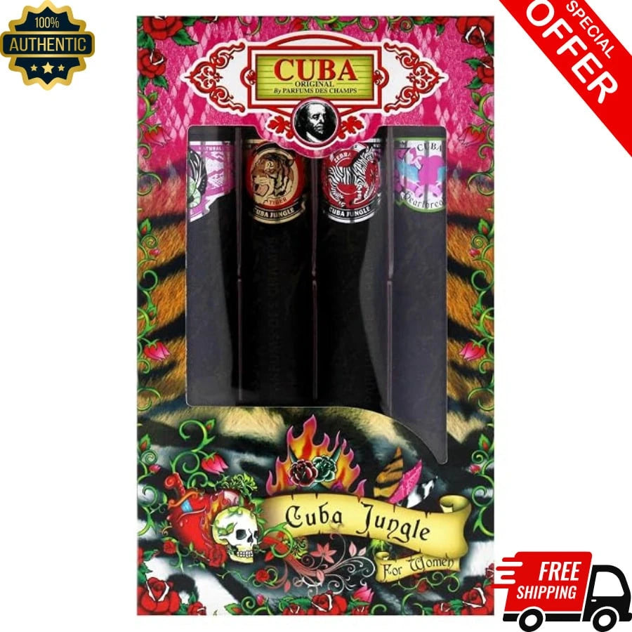 Cuba Cu Ba Jungle 4 Pieces Gift Set For Women, (Snake + Tiger + Zebra + Heartbreaker 4*1.17 Ounce Eau De Parfum Spray)