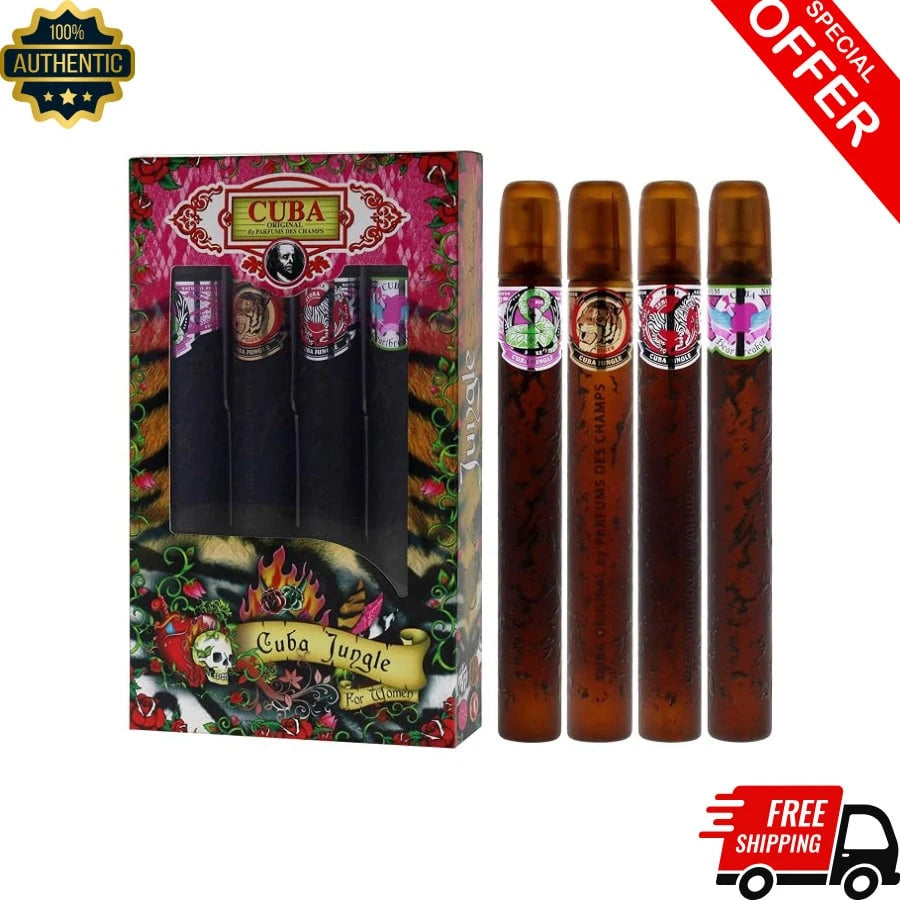 Cuba Cu Ba Jungle 4 Pieces Gift Set For Women, (Snake + Tiger + Zebra + Heartbreaker 4*1.17 Ounce Eau De Parfum Spray)
