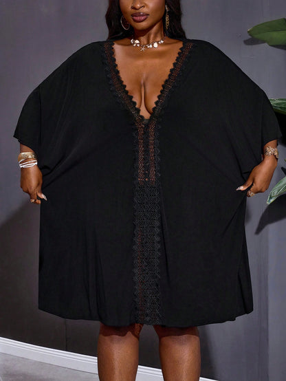 CURVE+ Curve Size US22Music Festival, Seaside Vacation, Bohemia Women Vacation Solid Color Contrast Lace Batwing Sleeve Dress