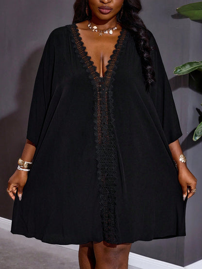 CURVE+ Curve Size US22Music Festival, Seaside Vacation, Bohemia Women Vacation Solid Color Contrast Lace Batwing Sleeve Dress