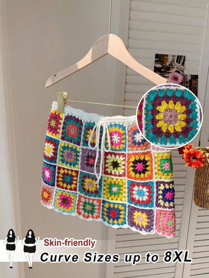 CURVE+ Extra Large Women's Colorful Flower Pattern Mini Knitted Skirt, Vacation Skirt, Woolen Beach Vacation Hoodie Skirt