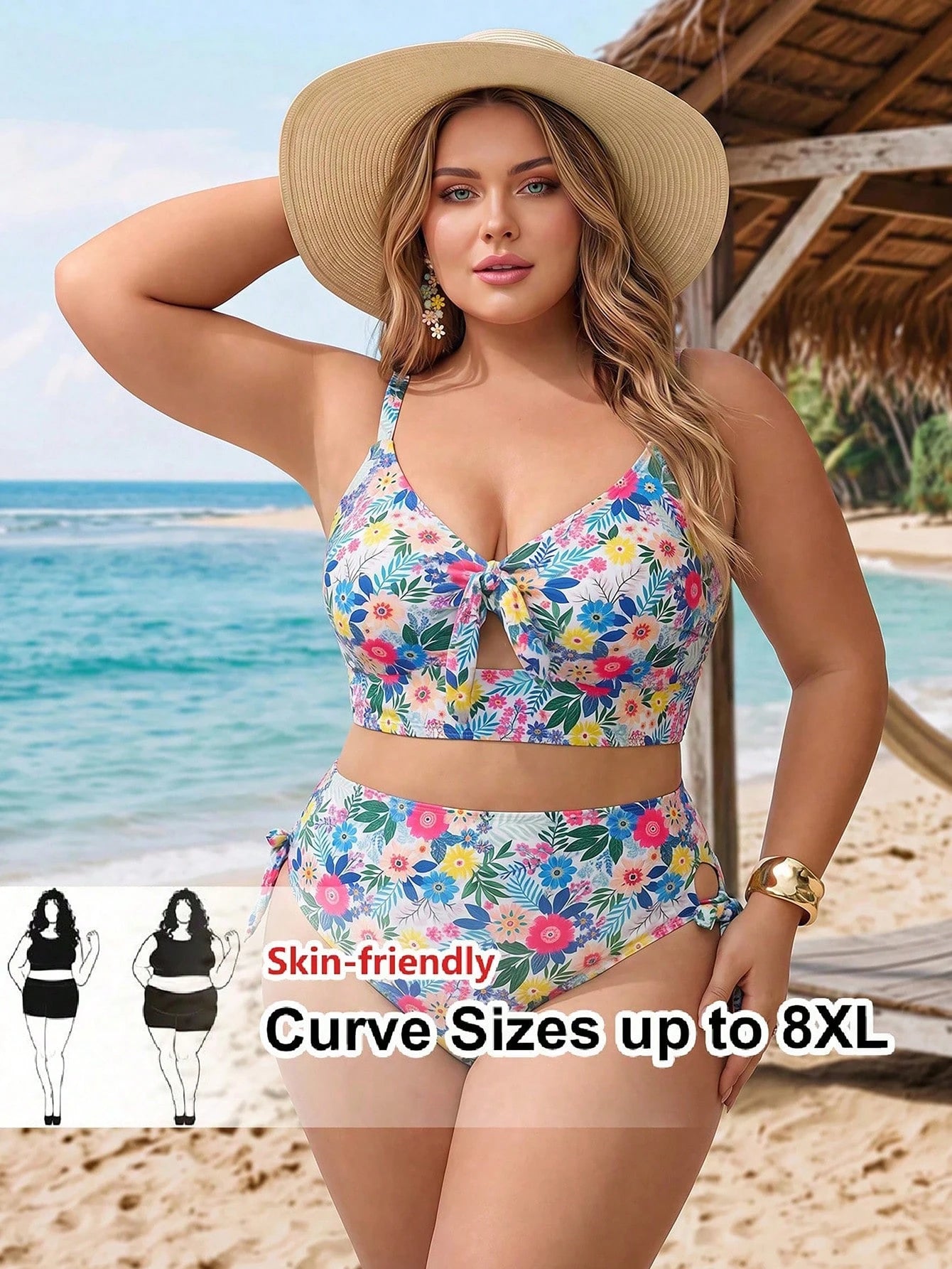 CURVE+ Plus Size Women 2pcs Printed Thick Strap Triangle Bikini Set, Vacation Beach