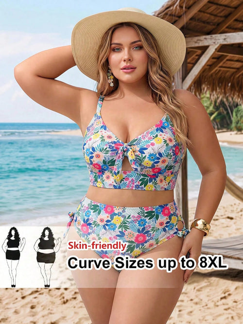CURVE+ Plus Size Women 2pcs Printed Thick Strap Triangle Bikini Set, Vacation Beach