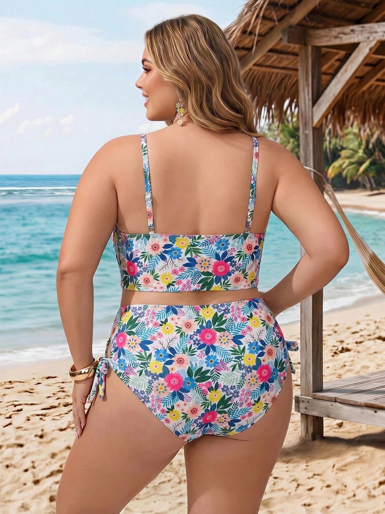 CURVE+ Plus Size Women 2pcs Printed Thick Strap Triangle Bikini Set, Vacation Beach