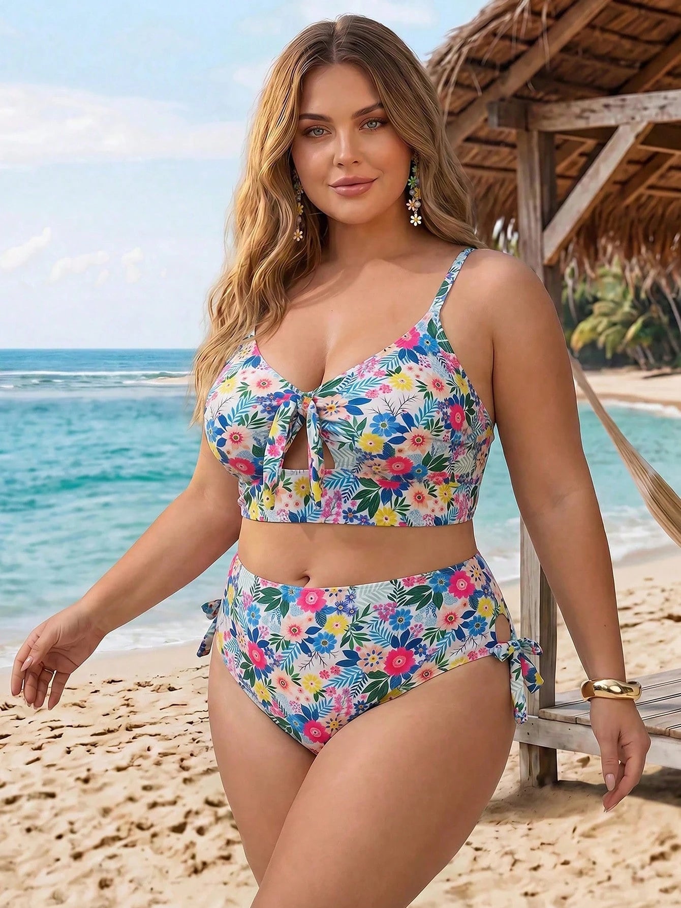 CURVE+ Plus Size Women 2pcs Printed Thick Strap Triangle Bikini Set, Vacation Beach