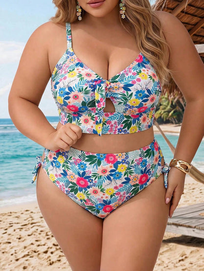CURVE+ Plus Size Women 2pcs Printed Thick Strap Triangle Bikini Set, Vacation Beach