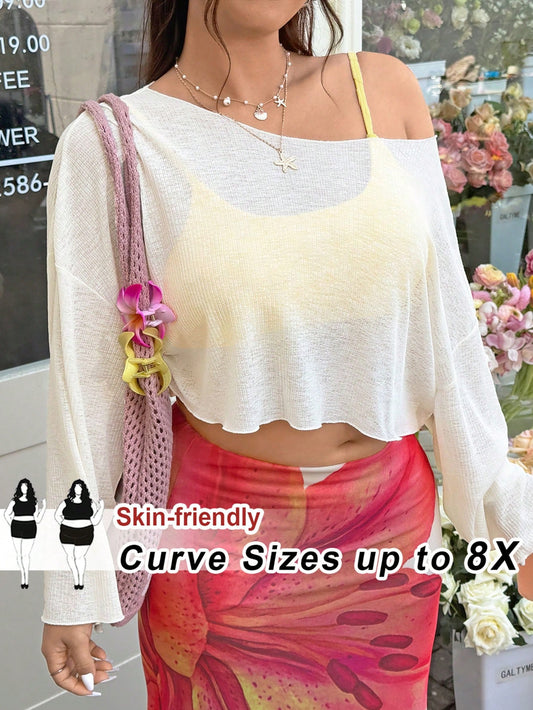 CURVE+ Plus Size Women's Asymmetrical Shoulder Casual Versatile Daily Cover-Up Top