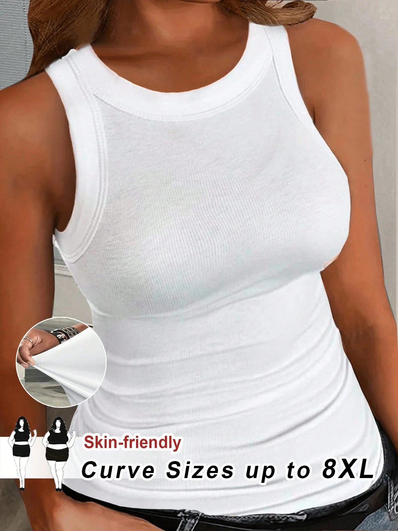 CURVE+ Plus Size Women's Casual Eleganza 70s Sequin Basic Fitted White Off-Shoulder Tank Top, Comfortable Fabric For Summer Party Gym Dinner