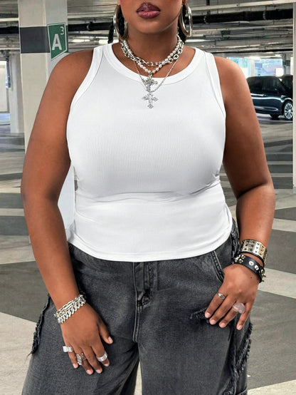 CURVE+ Plus Size Women's Casual Eleganza 70s Sequin Basic Fitted White Off-Shoulder Tank Top, Comfortable Fabric For Summer Party Gym Dinner