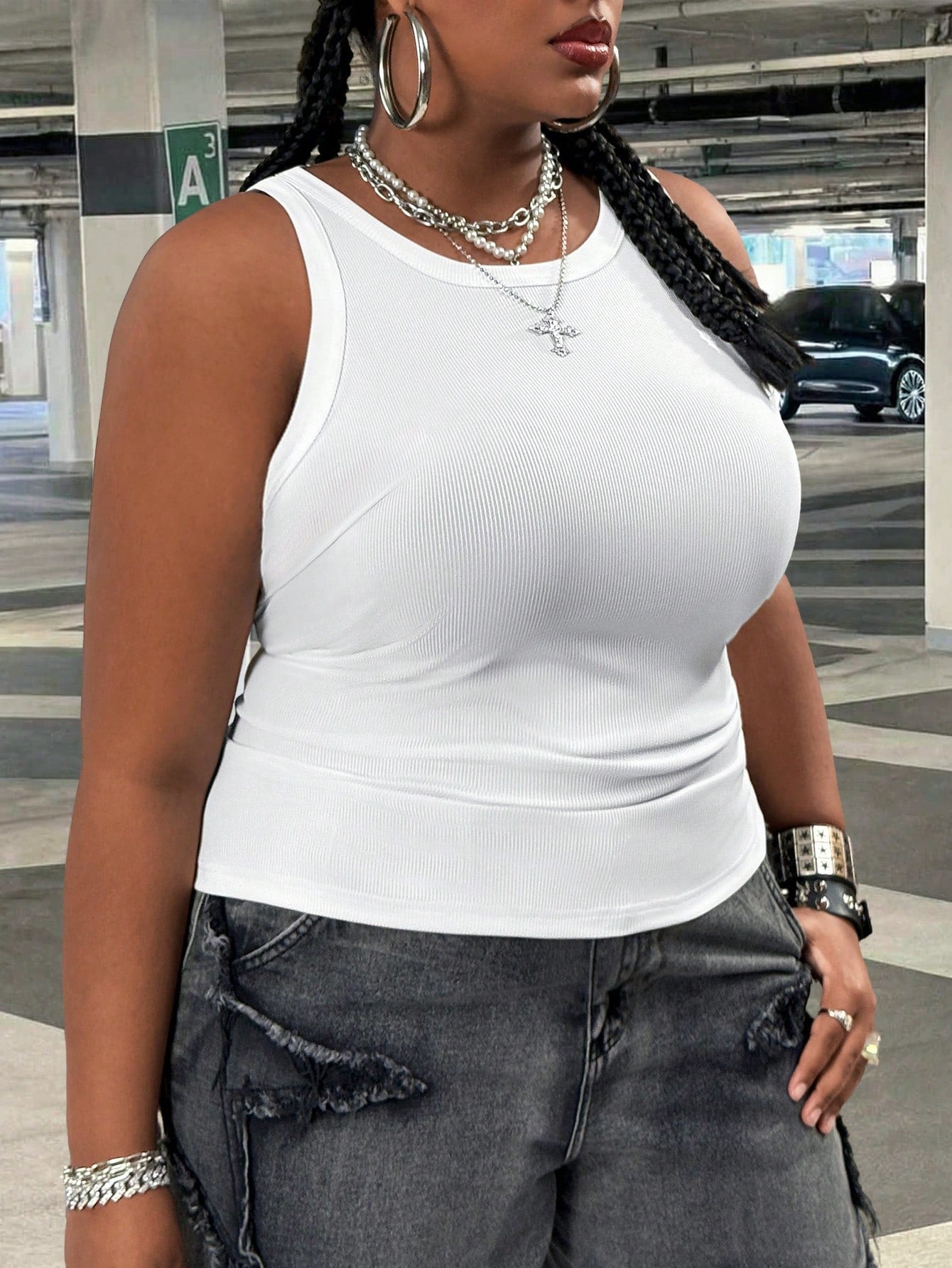 CURVE+ Plus Size Women's Casual Eleganza 70s Sequin Basic Fitted White Off-Shoulder Tank Top, Comfortable Fabric For Summer Party Gym Dinner