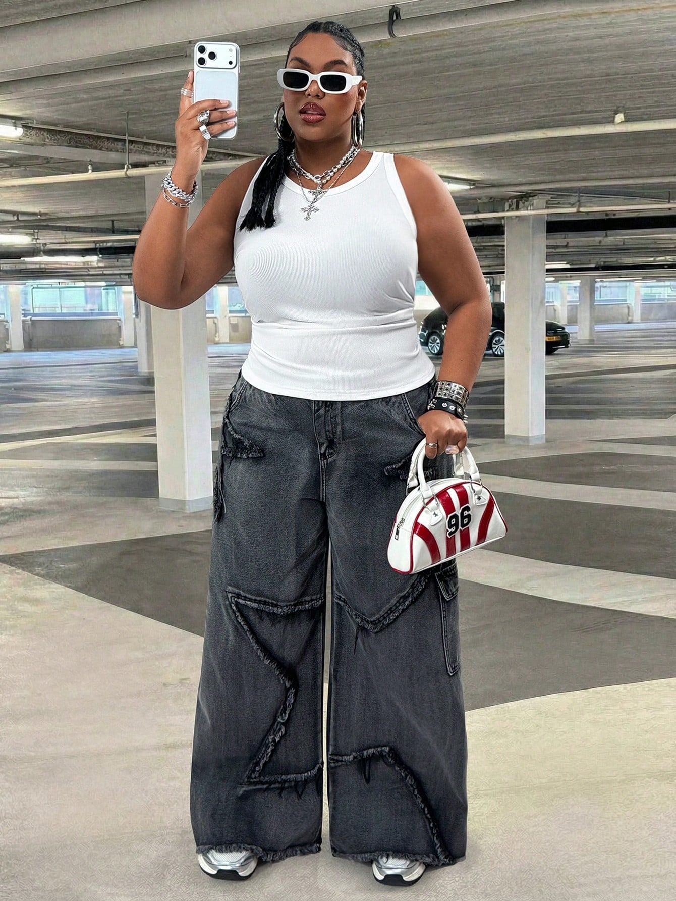 CURVE+ Plus Size Women's Casual Eleganza 70s Sequin Basic Fitted White Off-Shoulder Tank Top, Comfortable Fabric For Summer Party Gym Dinner