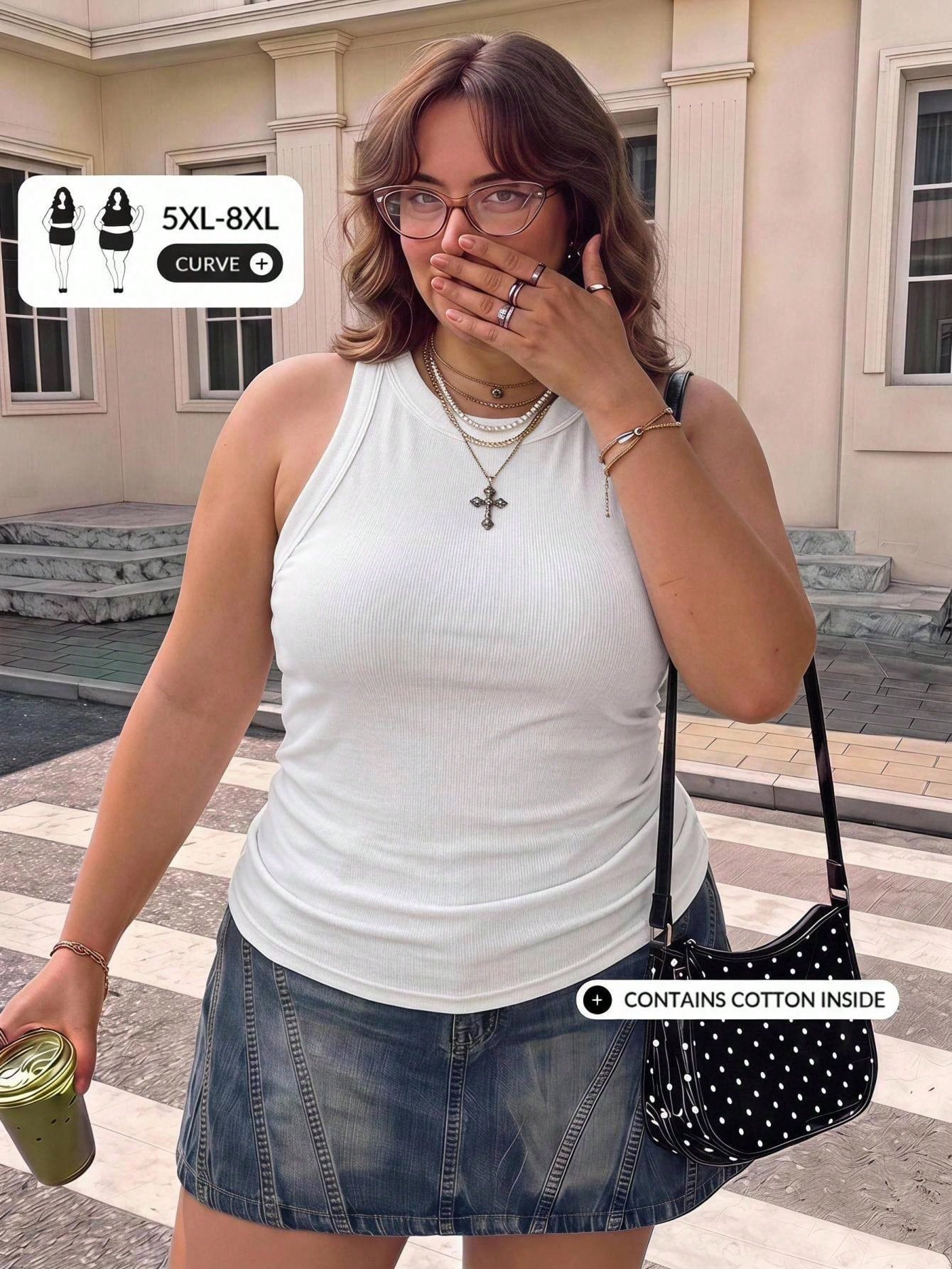 CURVE+ Plus Size Women's Casual Eleganza 70s Sequin Basic Fitted White Off-Shoulder Tank Top, Comfortable Fabric For Summer Party Gym Dinner