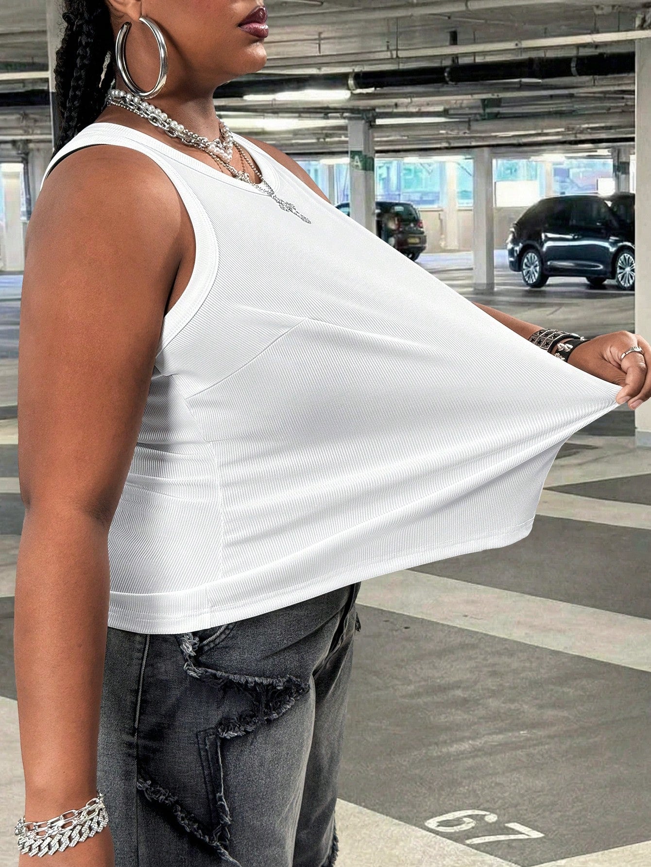 CURVE+ Plus Size Women's Casual Eleganza 70s Sequin Basic Fitted White Off-Shoulder Tank Top, Comfortable Fabric For Summer Party Gym Dinner