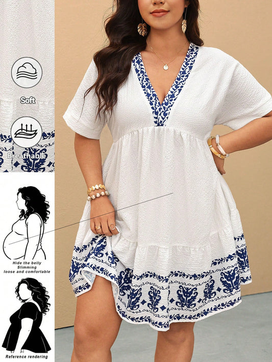 CURVE+ Plus Size Women's Casual Floral Print V-Neck Short Sleeved Dress, Summer Dress Vacation White