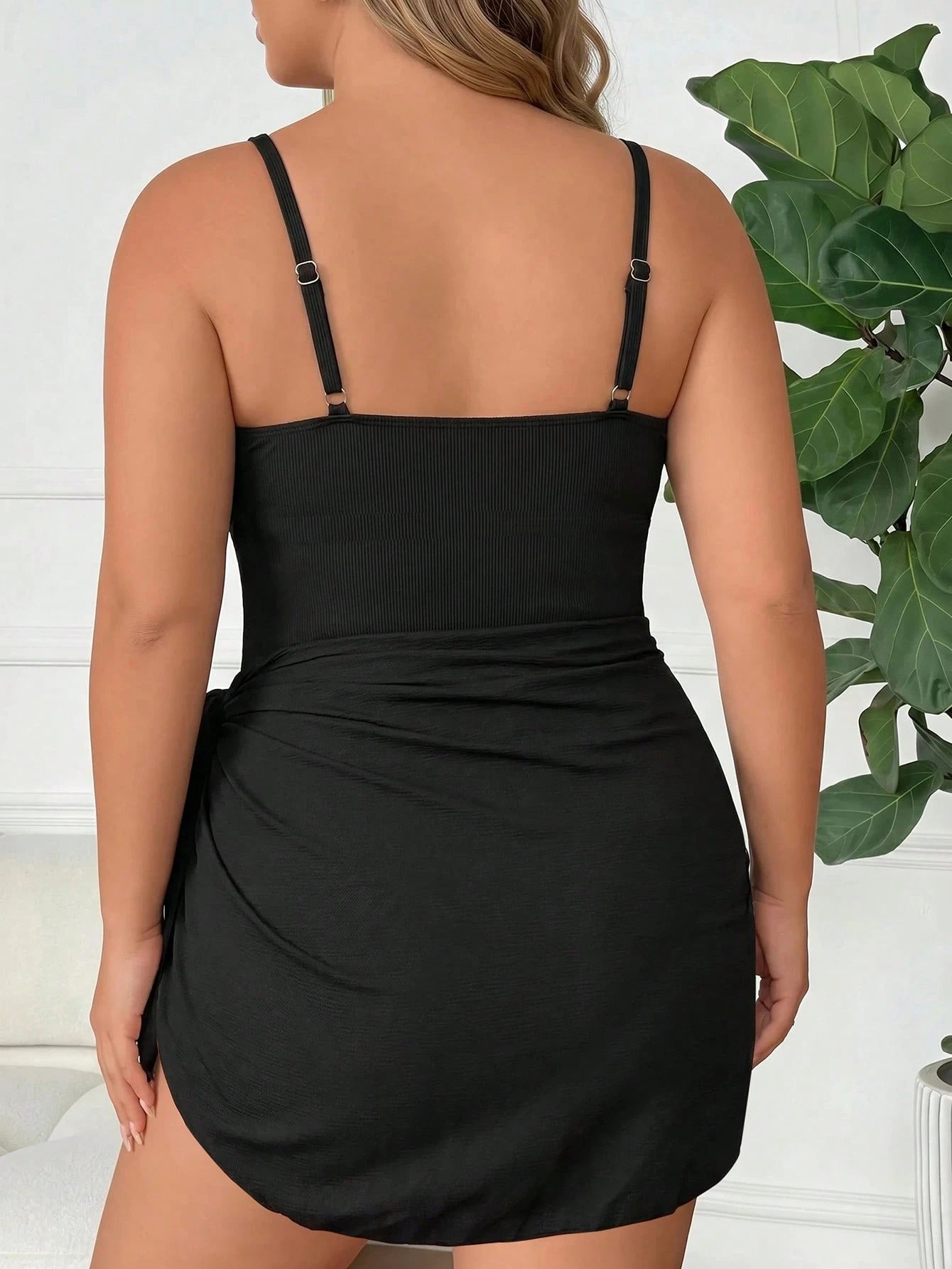 CURVE+ Plus-Size Women's Solid Color Tie-Up Casual Conservative Modest Swimsuit, Perfect For Summer Beach Vacation. Black
